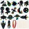 64 Set Space Theme Scratch Paper Rainbow Outer Space Scratch Cards DIY Rocket Scratch Paper Craft Art Cards Kits with Wood Stylus and Ribbon for Home School Decor Christmas Birthday Space Party Favors