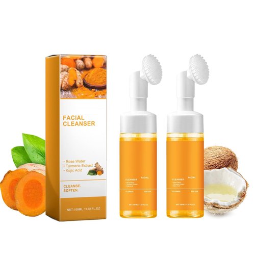 2 Pcs Turmeric Face Wash,Deep Clean Scrub Exfoliating Glow Wash Turmeric Foaming Facial Cleanser With Brush.