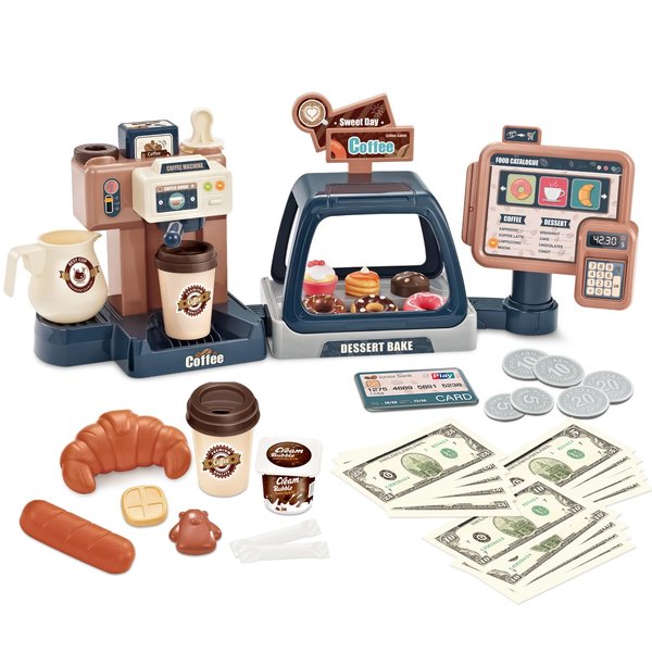 Pretend Role Play Toy Kids Coffee Maker Playset, ACROFEK Toy Coffee Maker with Sound Light, Play Coffee Maker Set for Kids with Fake Donuts (41PCS)