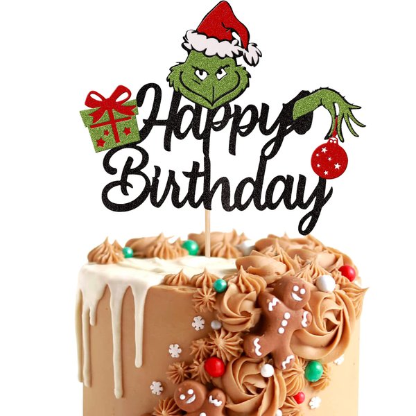 1 PCS Christmas Happy Birthday Cake Topper Assembled Glitter Santa Hat Gifts Light Green Christmas Cake Pick Decoration for Merry Christmas Baby Shower Kids Birthday Party Decorations Supplies