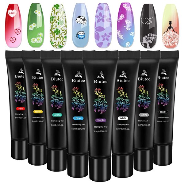 Biutee Nail stamping polish gel Pack of 8 Colors 8ML UV LED Gel Polish for nail stamping plate