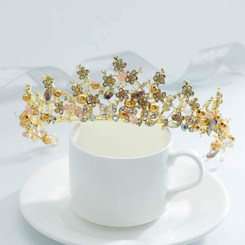 Haloty Baroque Wedding Crown and Tiara Crystal Bride Crown Queen Bridal Tiara Headpieces for Women and Girls (Gold3)