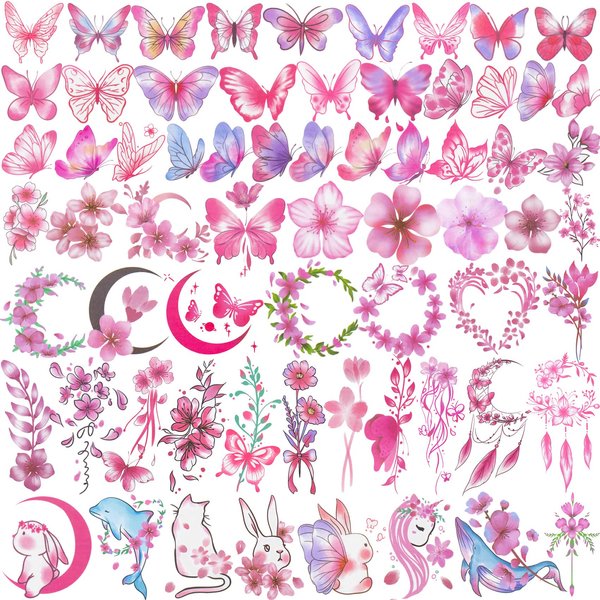 PAGOW 60 Sheets Pink Butterfly Temporary Tattoos Self-adhesive Flower Rabbit Whale Face Body Arm Tattoos Stickers Waterproof Christmas Valentines Birthday Party Decoration for Women Girls Adults