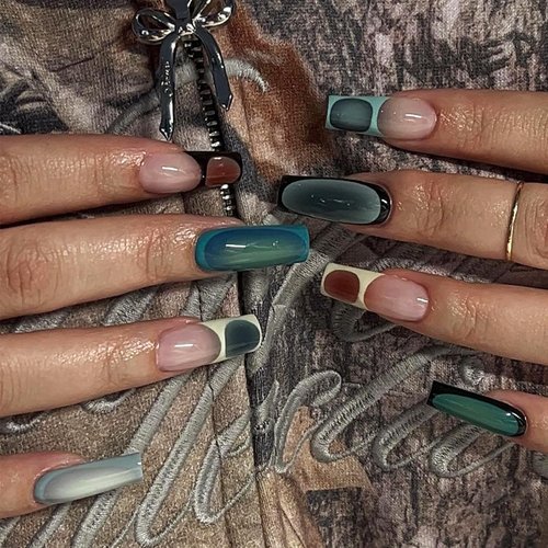 IMRAIN Long Press on Nails Square Fake Nails Green Ombre French Tips False Nails with Designs Glossy Glue on Nails Full Cover Stick on Acrylic Nails Squoval Gel Artificial Nails Press ons 24Pcs
