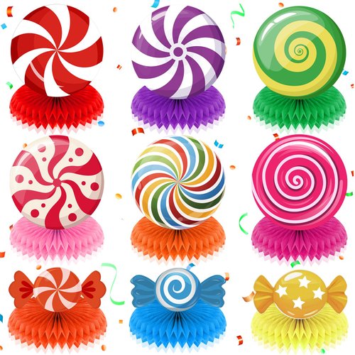 9Pcs Sweet Candy Table Decorations Christmas Candyland Party Decorations Colorful Lollipop Candy Honeycomb Centerpieces Table Topper for Candy Birthday Party Baby Shower Christmas Party Supplies