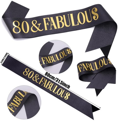 Black Gold "80 & Fabulous"Sash & Rhinestone Tiara Set, 80th Birthday Gifts for Women, Birthday Sash/Tiara for Women's 80th Birthday Party Decoration (Black 80th)