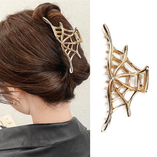 Spider Web Hair Clips Gold Metal Halloween Hair Accessories for Women Girls Playful Hollow Out Spider Web Hair Claw Clips Hairpins Strong Hold Nonslip Hair Clip for Day of the Dead Decoration 1 Pcs