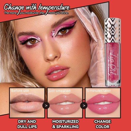 Qawnfy 3 Pcs Boss Up Color Changing Lip Oil, Shimmering Temperature Color Changing Lip Gloss Tinted Lip Stain, Long Lasting Nourishing Moisturizing Lip Glow Oil for Lip Care and Dry Lips (B#)