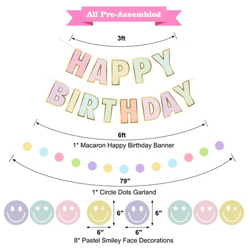 Pastel Happy Birthday Decorations for Women Girls, Macaron Happy Birthday Banner with Smiley Face Birthday Decorations, NO DIY Birthday Party Decorations with Circle Dot Happy Birthday Garland and Bunting Banner