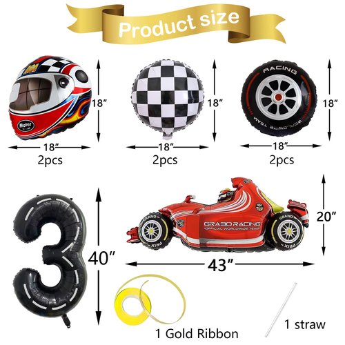 Stcomart 8 PCS Race Car Party Decorations, Black Number 3 Balloon Checkered Balloons Tire Balloons for Boys 3rd Birthday