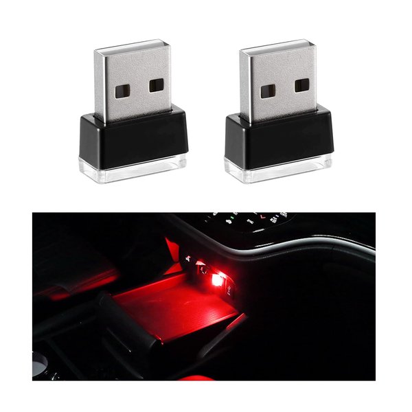 Sylvil 2 PCS USB LED Car Interior Atmosphere Lamp, Portable Mini LED Night Light, Plug-in USB Interface Trunk Ambient Lighting Kit, Universal Interior Car Accessories (Red)