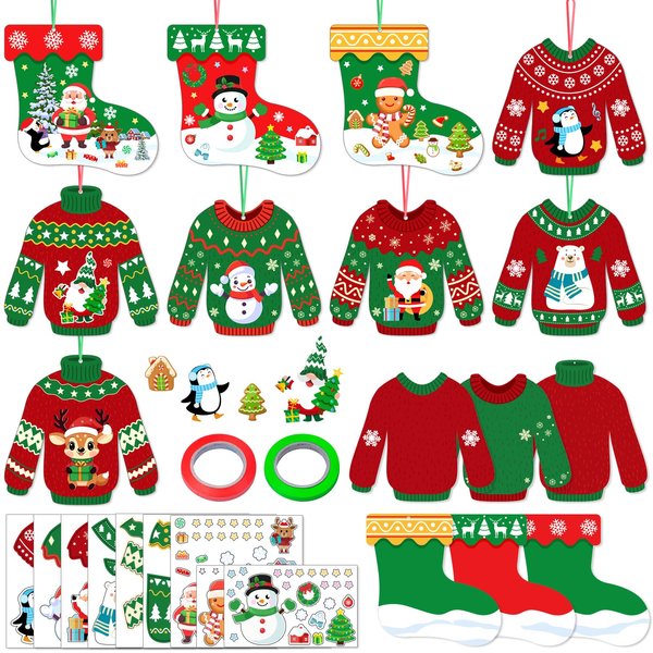 96 PCS Ugly Sweater Crafts Kits Winter Party Christmas Paper DIY Stocking Ornaments Tree Hanging Ornaments for Kids Adults Xmas Holiday Farmhouse Tree Decors Christmas Party Supplies Craft Activities