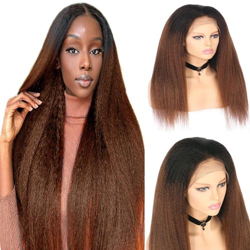 ANONLYLUX 180% Density Ombre Brown Kinky Straight Human Hair Wig 13x4 Yaki Straight Lace Front Wigs for Women Glueless Yaki Wig Pre Plucked With Baby Hair 1b/30 Color Kinky Straight Wig 18 Inch