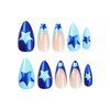 Almond Press on Nails Medium French Tip Fake Nails Blue Full Cover Stick on Nails with Stars Designs Glossy Acrylic Nails Artificial Fall Nails Y2K False Nails for Women Girls 24 Pcs
