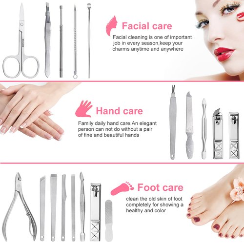 Gift for Women/Men,Nail Care kit Manicure Grooming Set with Travel Case - Yougai 18 Piece Stainless Steel Manicure Kit (Pink)…
