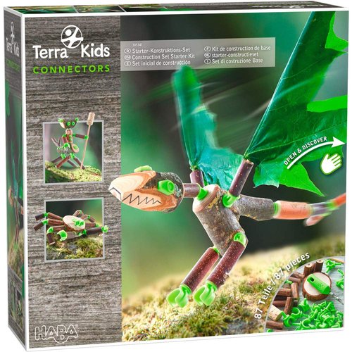 HABA Terra Kids Connectors Backyard Craft Kit Starter - 86 Piece Set with Plastic Connectors, Wooden Pieces Cork & Hand Drill - Ages 8+