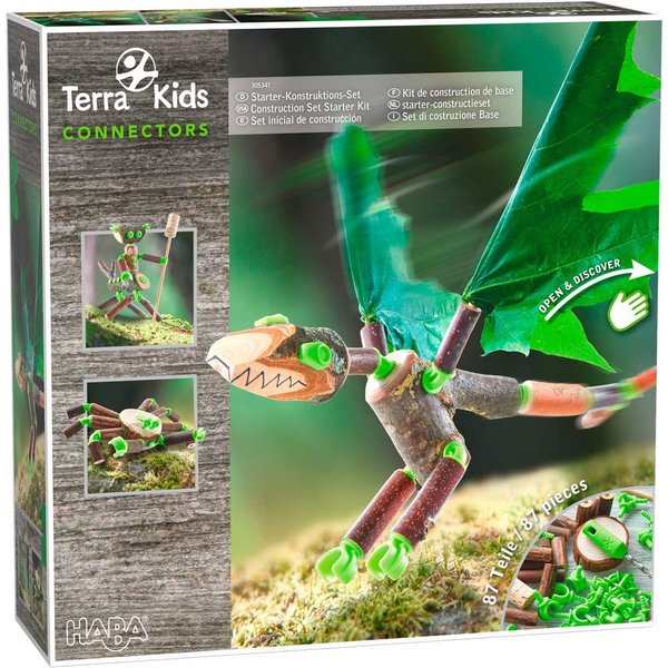HABA Terra Kids Connectors Backyard Craft Kit Starter - 86 Piece Set with Plastic Connectors, Wooden Pieces Cork & Hand Drill - Ages 8+