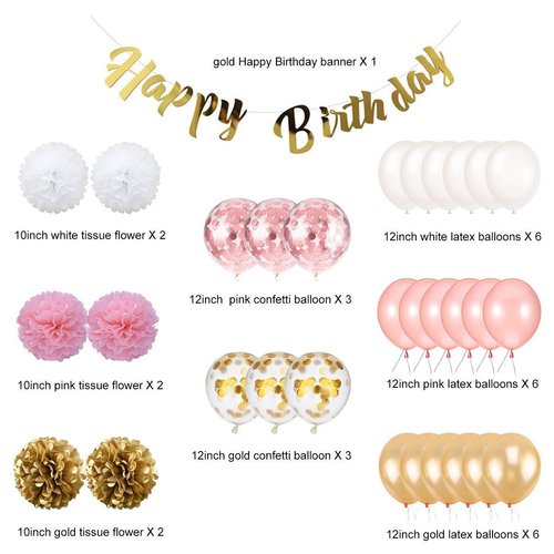 Birthday Decoration, Happy Birthday Banner, Tissue Flower, Confetti Balloons for 16th 18th 21st 30th 50th 60th Birthday Party Decoration for Women girls