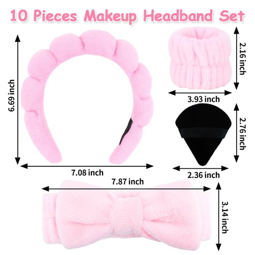Ondder 10 Pcs Spa Headband and Wristband Set with Poder Puffs Spa Headband for Washing Face Makeup Headbands Pink Bubble Headband Skin Care Face Wash Sponge Puffy Head Bands Headband for Women Girls