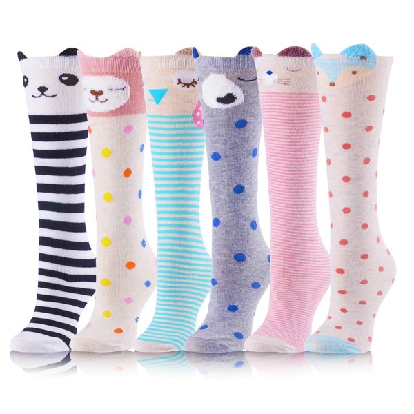 MOGGEI Kids Girls Knee High Socks Long Boot Crazy Silly Fun Gift Tall Funny Cute Animal Child Gift Stocking Stuffers Socks 6 Pairs Girls Socks (Animal A)