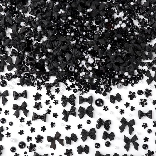 COOSLIM 120 PCS Bow Nail Charm Black 3D Bows Nail Charm Black Bowknot with Gems and Flower Nail Charm for Acrylic Nails Decoration for Nail Art Crafts (Black Bow)