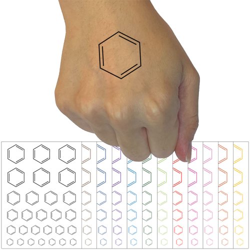Benzene Ring for Organic Chemistry Science Temporary Tattoo Water Resistant Fake Body Art Set Collection - Black (One Sheet)