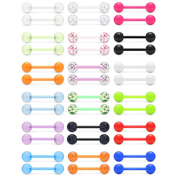 Ftovosyo 14G 16mm Glow in Dark Flexible Acrylic Straight Tongue Nipple Ring Retainer Body Piercing Jewelry for Women Men 36PCS Mix Color Bioflex Plastic Acrylic Nipplering