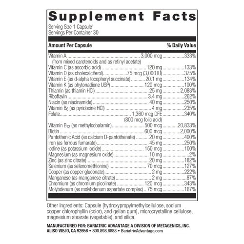 Bariatric Advantage Ultra Solo with Iron Daily Multivitamin for Gastric Bypass Surgery and Sleeve Gastrectomy Patients, Includes Vitamin B12, C, D, K, Thiamin and Copper - 30 Count