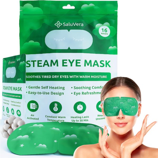 SaluVera Steam Eye Mask for Dry Eyes, Self Heating eye mask, Soothe and Relax with 40-50 min Spa Eye Mask, Eye Steam Mask, Warm Eye Mask, Self-Warming Eye Mask for Well-being (16 count, Unscented)
