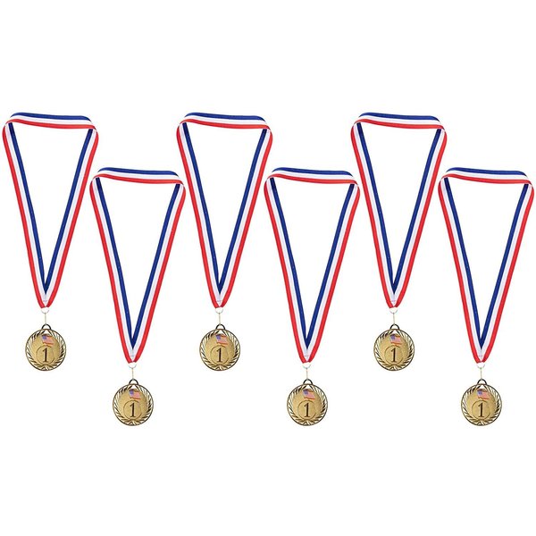 Juvale Gold Medals - 6-Pack Metal Winner Awards, Perfect for Sports, Competitions, Spelling Bees, Party Favors, 2.75 Inches Diameter with 16.3 Inch USA Ribbon