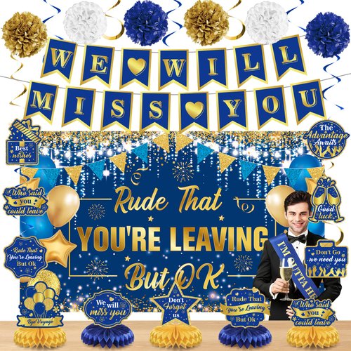 Farewell Party Decorations Blue Gold We Will Miss You Banner Honeycomb Centerpiece Rude That You're Leaving But Ok Backdrop Hanging Swirls for Coworker Goodbye Retirement Going Away Party Supplies
