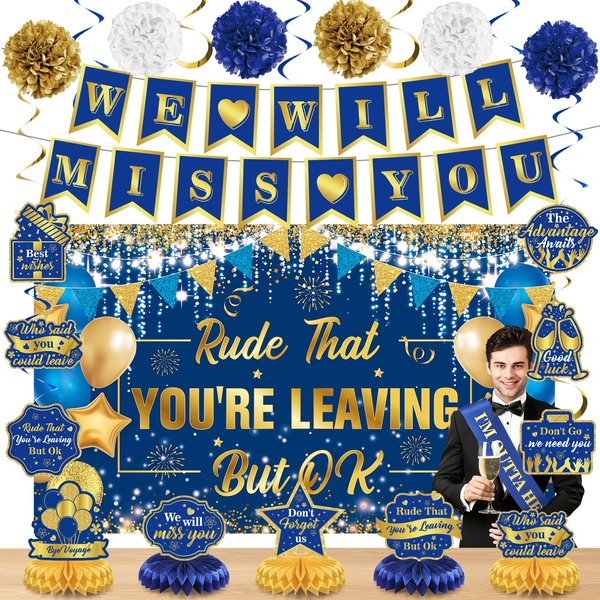 Farewell Party Decorations Blue Gold We Will Miss You Banner Honeycomb Centerpiece Rude That You're Leaving But Ok Backdrop Hanging Swirls for Coworker Goodbye Retirement Going Away Party Supplies
