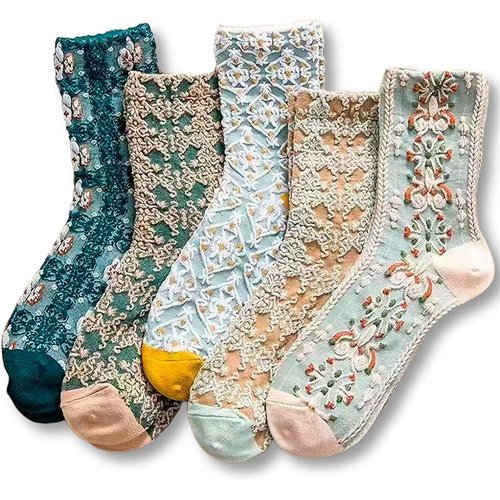 MarJunSep Women's Cute Vintage Floral Patterned Cotton Crew Socks Teen Girls Korean Kawaii Fancy Dress Socks Blue Flower Palace Socks