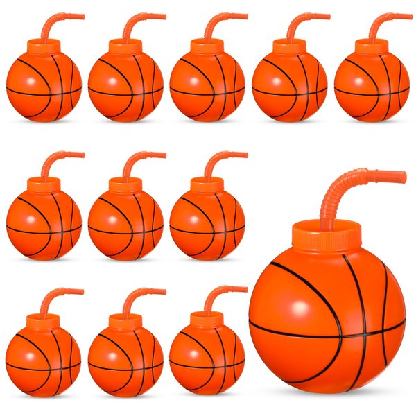 12 Pcs Sport Ball Cups with Straws and Lids, 17 oz Plastic Sport Cups Bulk for Kids Birthday Theme Party Sport Party Supplies (Basketball)