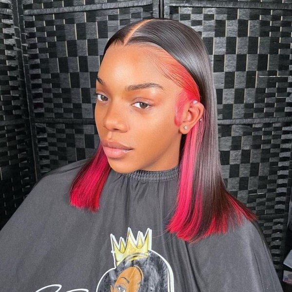 QTIKER Hot Pink BOB Lace Front Wigs Human Hair Skunk Stripe 13X4 HD Transparent Lace Red BOB Wigs Blunt Cut Straight Peekaboo Bob for Women Pre Plucked Bleached Knots 150% Density