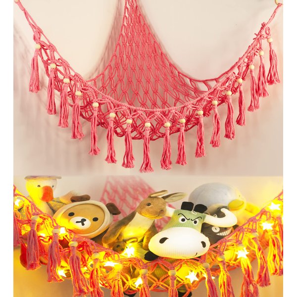 Stuffed Animal Storage Hammock Corner with LED Light - Toy Hanging Organizer Plushie Net - Pink Room Decor for Teen Girls - Cute Bedroom Aesthetic Nursery Kids Baby Toddler