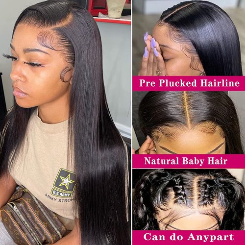 HUIDI 13x4 Straight Lace Front Wigs Human Hair Hd Transparent 26 Inch Straight Frontal Wig for Women Glueless Straight Wigs Pre Plucked with Baby Hair Bone Straight Black Wig Brazilian Human Hair
