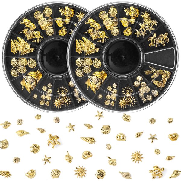 Pndeyo Ocean Nail Charms Nail Art Stickers 2 Disc, Beach Starfish Sea Seashell Nail Charms Decals, Gold Metal 3D Nail Gems Decals for Manicure DIY Nail Embellishments 12 Style