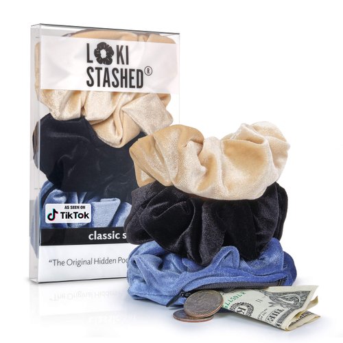 LokiStashed 3-Pack Velvet Hair Tie Scrunchies for Girls & Women, The Original Hidden Pocket Scrunchie with Zipper Pocket Storage, Accessories, Small Items, Keys, Money - Navy, Tan, Black Color