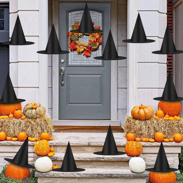 12pcs Halloween Black Witch Hats Decorations for Halloween Costume & Cosplay Women Kids Party Favors Dressing Up, Thickened Hanging Wizard Hats Bulk with Rope and Hooks, Floating Witches Hat for Front