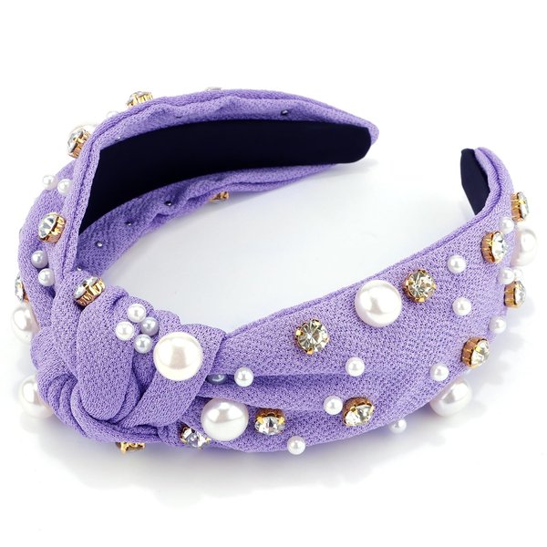 VELSCRUN Purple Headband Pearl Knotted Headbands for Women Girls White Pearl Rhinestone Crystal Hair Band Top Knot Wide Head Band Holiday Headband Gifts for Mothers Sisters Hair Accessories