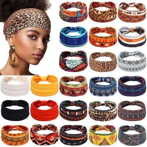 Cindeer 24 Pcs Boho African Headbands for Women Girls Vintage Workout Wide Headbands Knotted African Head Wraps Wide Yoga Stretchy Bandeau Leopard Printed Black Hair Bands Head Band Hair Accessories