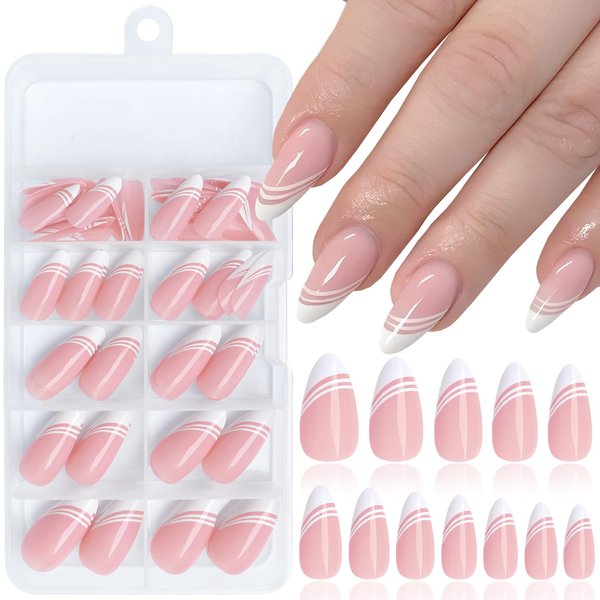 LoveOurHome 120pc Almond Press on Nails Medium Fake Nail Nude Press on Nail Almond False Nail Acrylic White French Tips Press Nails Swirl Artificial Nail & Glue Adhesive Tabs for Women Girls Kids