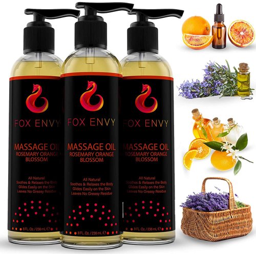Fox Envy Body Massage Oil: Organic Massage Oil for Massage Therapy, Orange Blossom with Rosemary, Premium Massaging Oil with Jojoba & Coconut Massage Oil, 1 Bottle, 8 fl oz