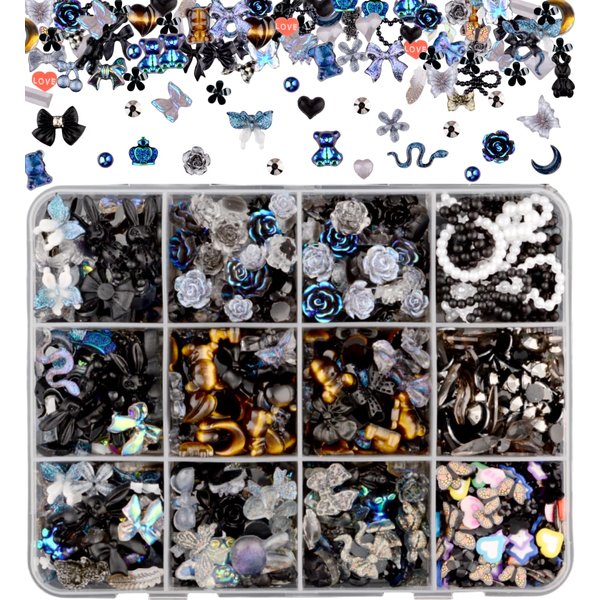 Umillars 400pcs Butterfly Bow Bear Snake Rabbit Moon Heart Rose Flowers Nail Art Charms with 450pcs Special Shape Flatback Rhinestones and Polymer Slices for Nail Art Designs (Black)