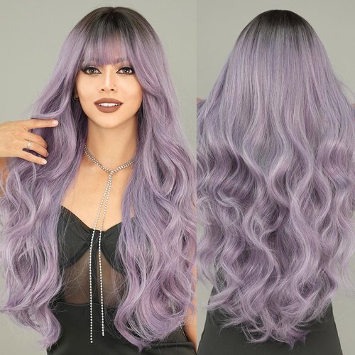 PARK YUN Long Wavy Ombre Light Purple Wigs with Bangs 28 Inch Ash Pastel Purple Hair Curly Wig with Dark Root Natural Looking Synthetic Heat Resistant Wigs for Women Daily Party Cosplay Wig