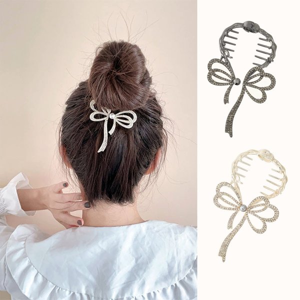 2 PCS Luxury Bow Ponytail Buckle Hair Pin Pearl Butterfly Hairpin Glaring Hair Clips Rhinestones Barrettes Korean Style Hair Accessories for Women Girls (Gold + Black)