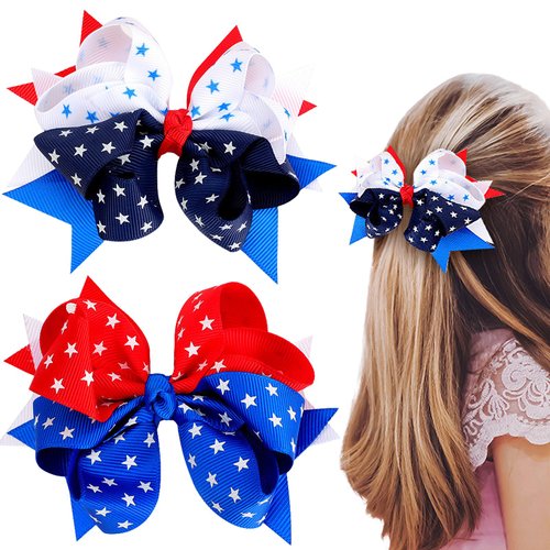 4th of July Bow Hair Clips Patriotic Hair Accessories Hairpins for Kids Girls, Patriotic Stars and Stripes Hairgrips Red Blue White Bow Handmade for Memorial Day Decor 2PCS