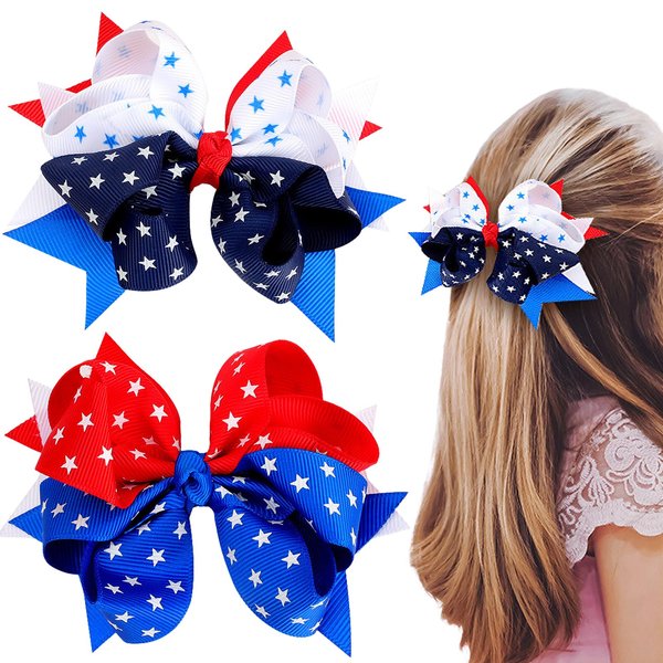 4th of July Bow Hair Clips Patriotic Hair Accessories Hairpins for Kids Girls, Patriotic Stars and Stripes Hairgrips Red Blue White Bow Handmade for Memorial Day Decor 2PCS