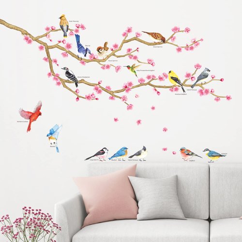 DECOWALL DWL-2009 Garden Birds and Cherry Blossom Wall Stickers Wall Decals Peel and Stick Removable Wall Stickers for Kids Nursery Bedroom Living Room d?cor